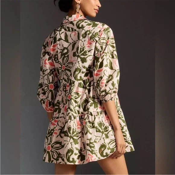 Anthropologie Maeve Bettina Tiered Mini Shirt Dress Orange/Pink Cotton XS - Picture 8 of 10